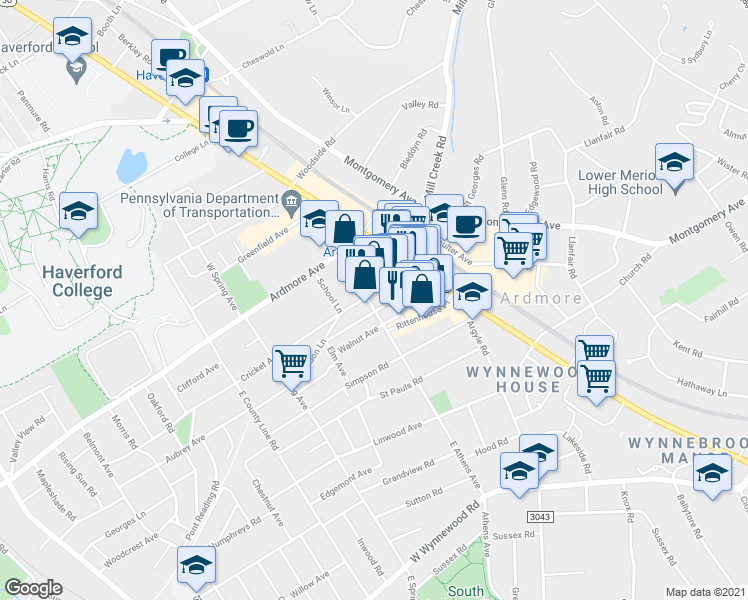 map of restaurants, bars, coffee shops, grocery stores, and more near 79 Cricket Avenue in Ardmore
