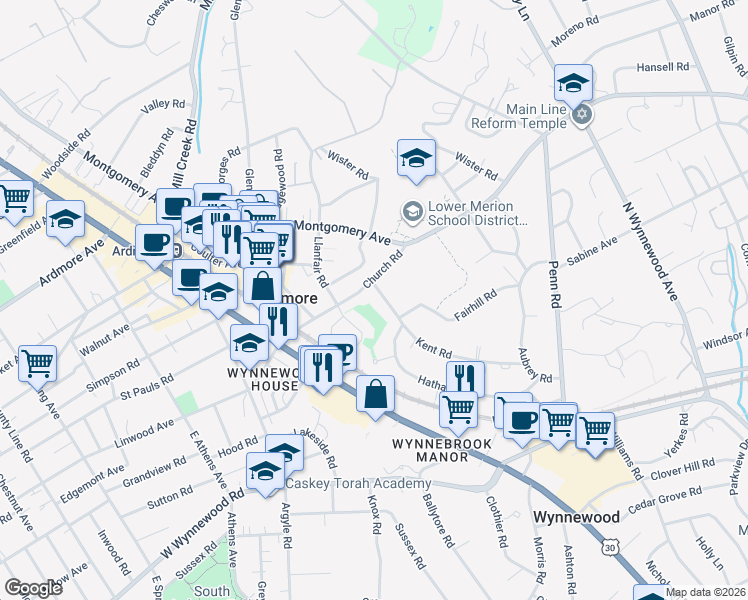 map of restaurants, bars, coffee shops, grocery stores, and more near 213 Church Road in Ardmore