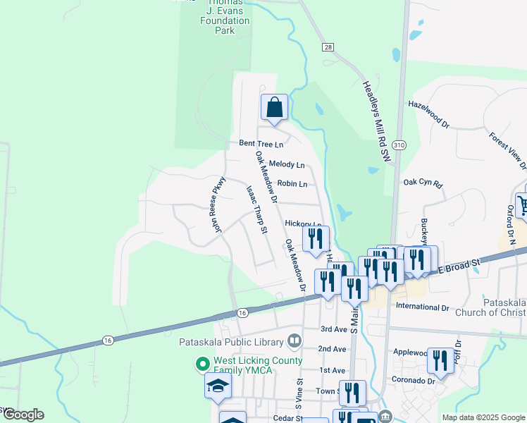 map of restaurants, bars, coffee shops, grocery stores, and more near 244 Isaac Tharp Street in Pataskala