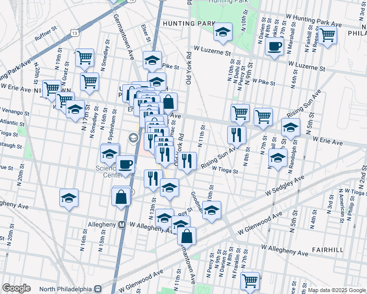 map of restaurants, bars, coffee shops, grocery stores, and more near 3547 Old York Road in Philadelphia
