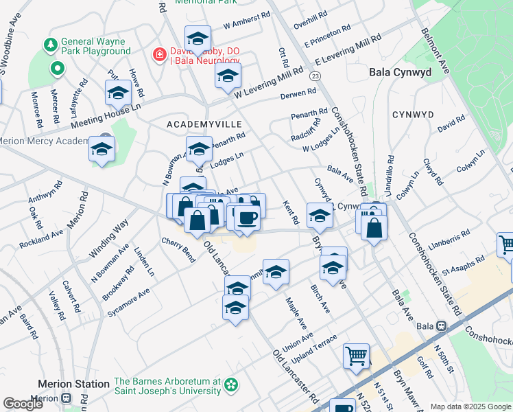 map of restaurants, bars, coffee shops, grocery stores, and more near 316 Pembroke Road in Bala Cynwyd