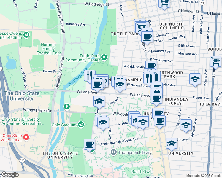 map of restaurants, bars, coffee shops, grocery stores, and more near 248 West Lane Avenue in Columbus