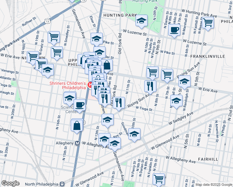 map of restaurants, bars, coffee shops, grocery stores, and more near 3547 Old York Road in Philadelphia