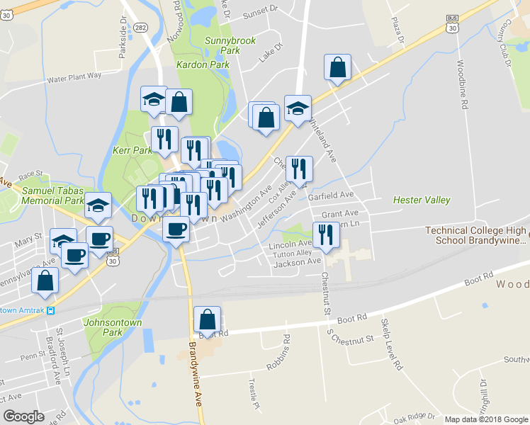 map of restaurants, bars, coffee shops, grocery stores, and more near 325 Jefferson Avenue in Downingtown
