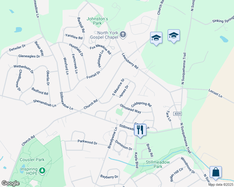 map of restaurants, bars, coffee shops, grocery stores, and more near 185 James Drive in York