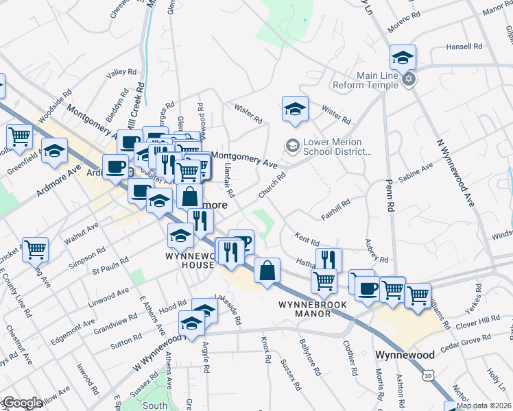 map of restaurants, bars, coffee shops, grocery stores, and more near 213 Church Road in Ardmore