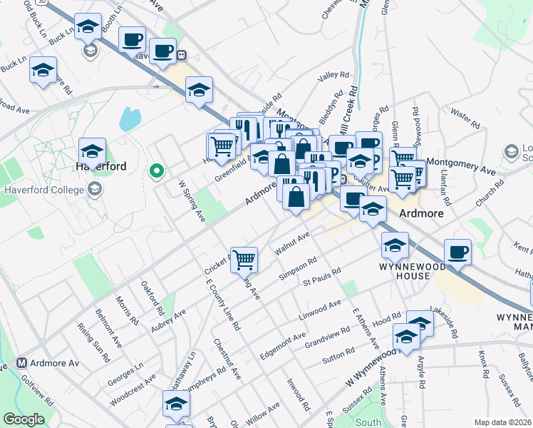 map of restaurants, bars, coffee shops, grocery stores, and more near 22 School Lane in Ardmore