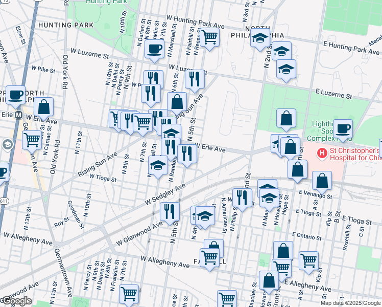 map of restaurants, bars, coffee shops, grocery stores, and more near 3626 North Lawrence Street in Philadelphia