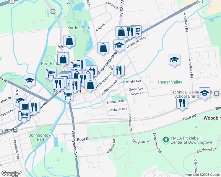 map of restaurants, bars, coffee shops, grocery stores, and more near 332 Jefferson Avenue in Downingtown