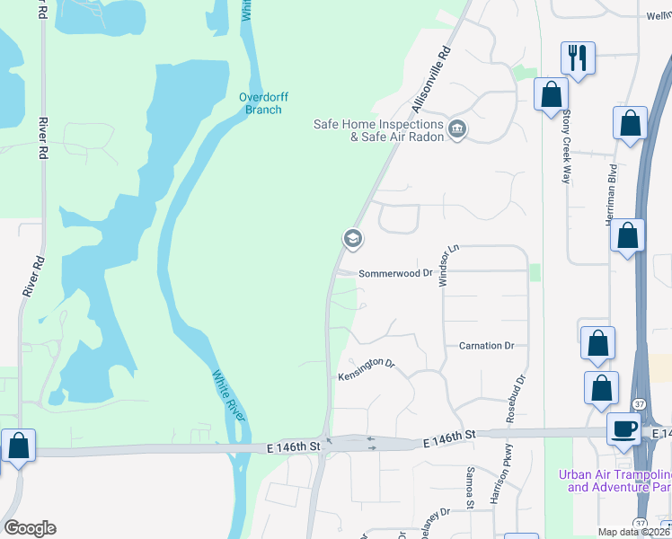 map of restaurants, bars, coffee shops, grocery stores, and more near 14988 Allisonville Road in Noblesville