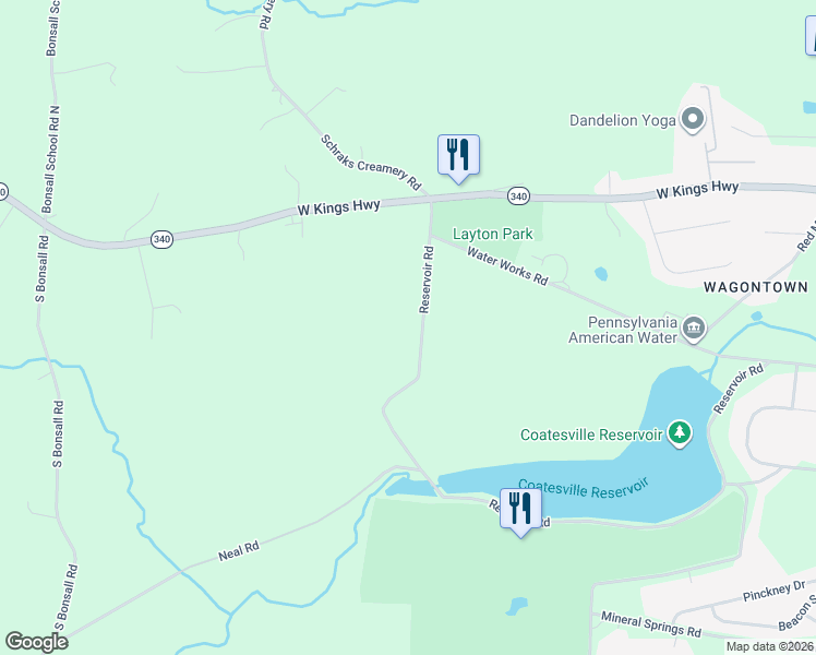 map of restaurants, bars, coffee shops, grocery stores, and more near 113 Reservoir Road in Coatesville
