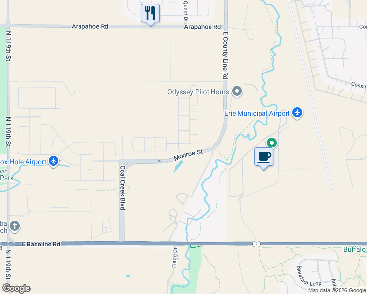 map of restaurants, bars, coffee shops, grocery stores, and more near E County Line Rd in Lafayette