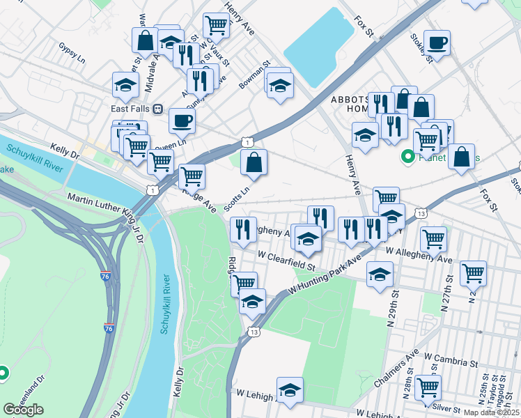 map of restaurants, bars, coffee shops, grocery stores, and more near in Philadelphia