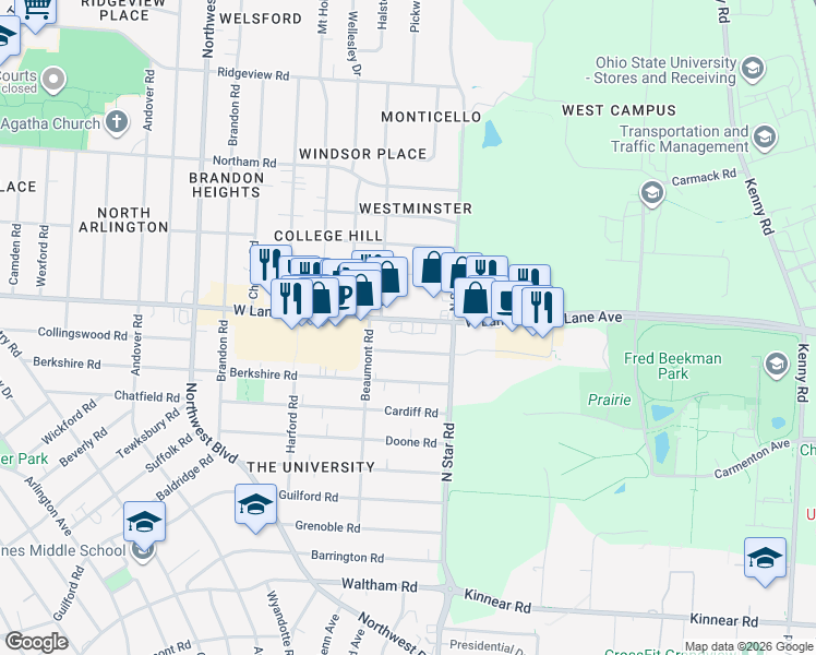map of restaurants, bars, coffee shops, grocery stores, and more near 1489 West Lane Avenue in Upper Arlington