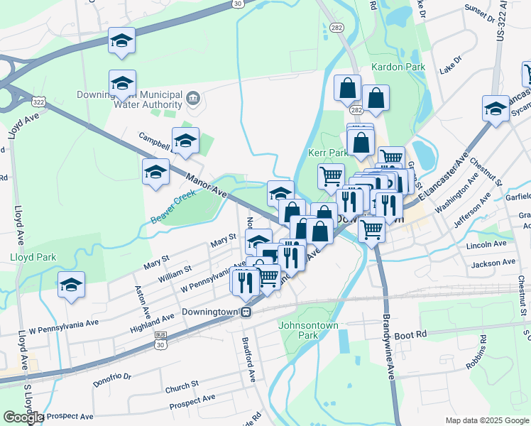 map of restaurants, bars, coffee shops, grocery stores, and more near 109 Manor Avenue in Downingtown