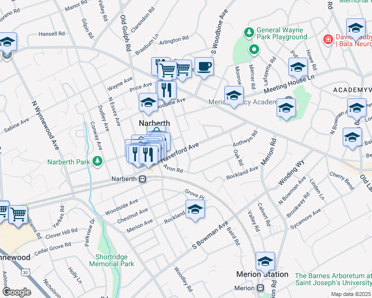 map of restaurants, bars, coffee shops, grocery stores, and more near Haverford Ave & Iona Ave in Narberth
