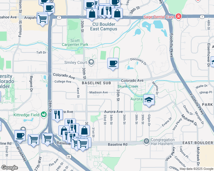 map of restaurants, bars, coffee shops, grocery stores, and more near 3460 Colorado Avenue in Boulder