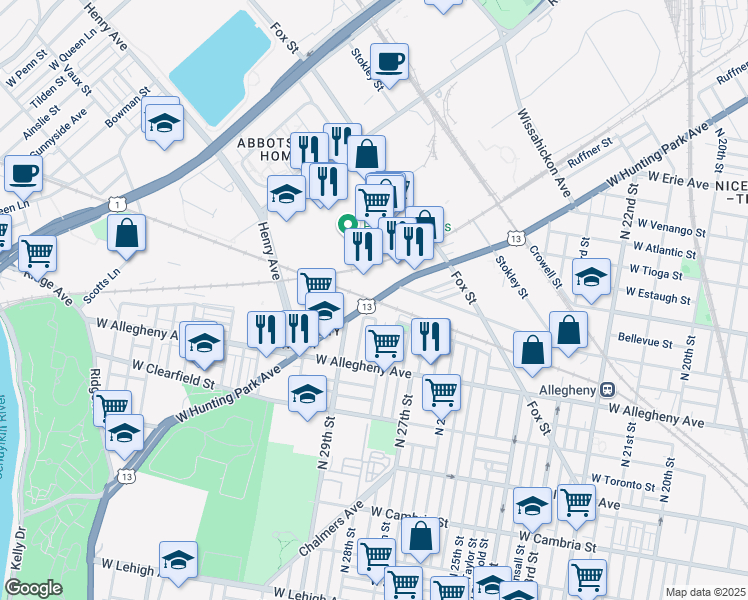 map of restaurants, bars, coffee shops, grocery stores, and more near 2745 West Allegheny Avenue in Philadelphia