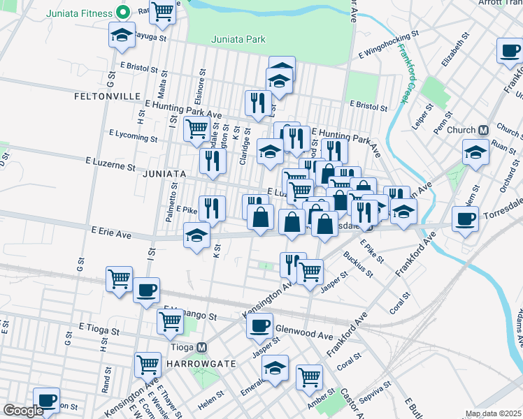 map of restaurants, bars, coffee shops, grocery stores, and more near 3925 L Street in Philadelphia