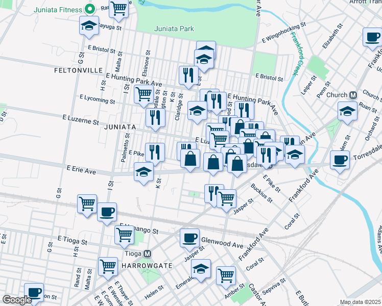map of restaurants, bars, coffee shops, grocery stores, and more near 3925 L Street in Philadelphia