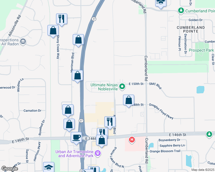 map of restaurants, bars, coffee shops, grocery stores, and more near 15001 Creekstone Way in Noblesville