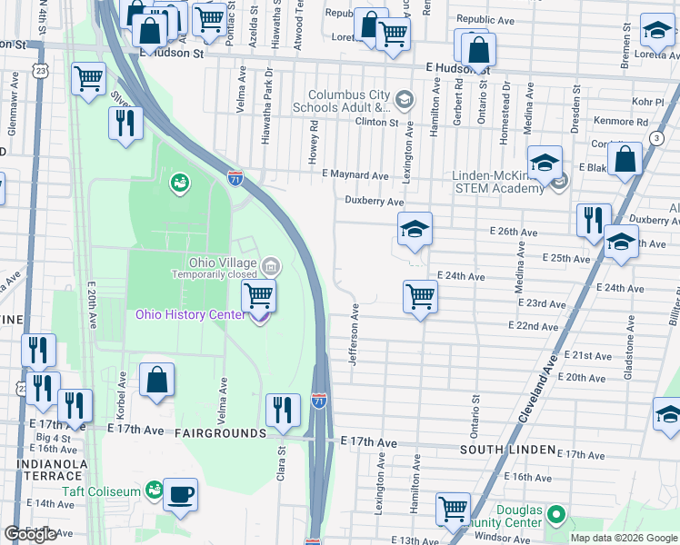 map of restaurants, bars, coffee shops, grocery stores, and more near 2040 Grasmere Avenue in Columbus