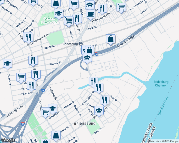 map of restaurants, bars, coffee shops, grocery stores, and more near 2366 Buckius Street in Philadelphia