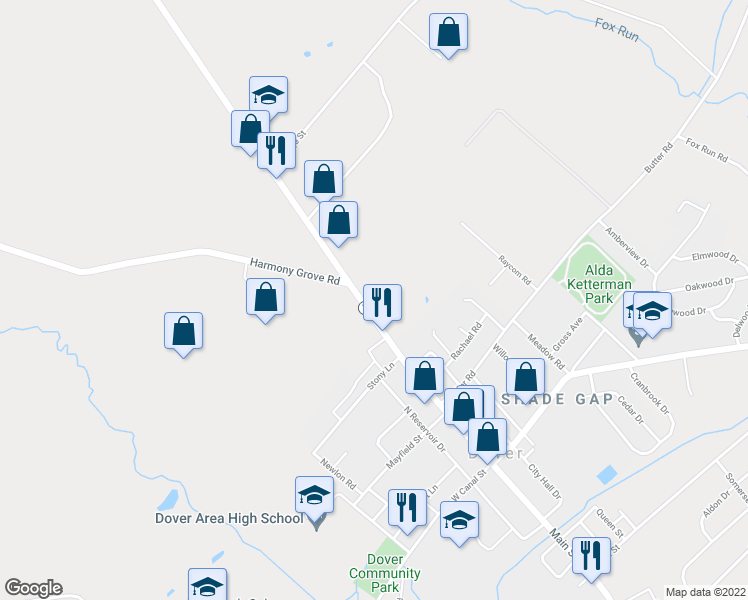 map of restaurants, bars, coffee shops, grocery stores, and more near 4751 Carlisle Road in Dover