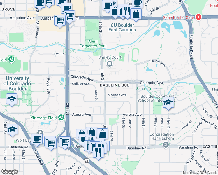 map of restaurants, bars, coffee shops, grocery stores, and more near 3000 Colorado Avenue in Boulder