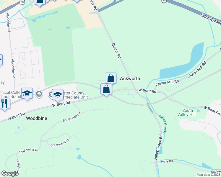 map of restaurants, bars, coffee shops, grocery stores, and more near 1055 Boot Road in Downingtown