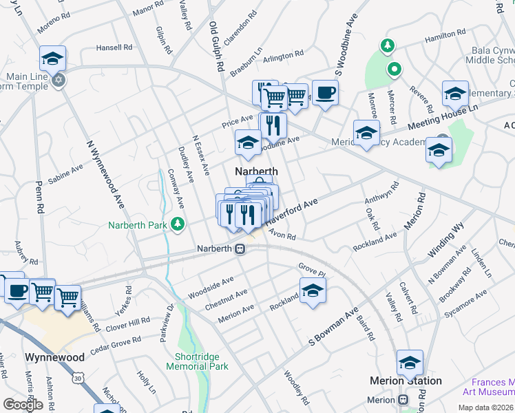map of restaurants, bars, coffee shops, grocery stores, and more near 144 North Narberth Avenue in Narberth