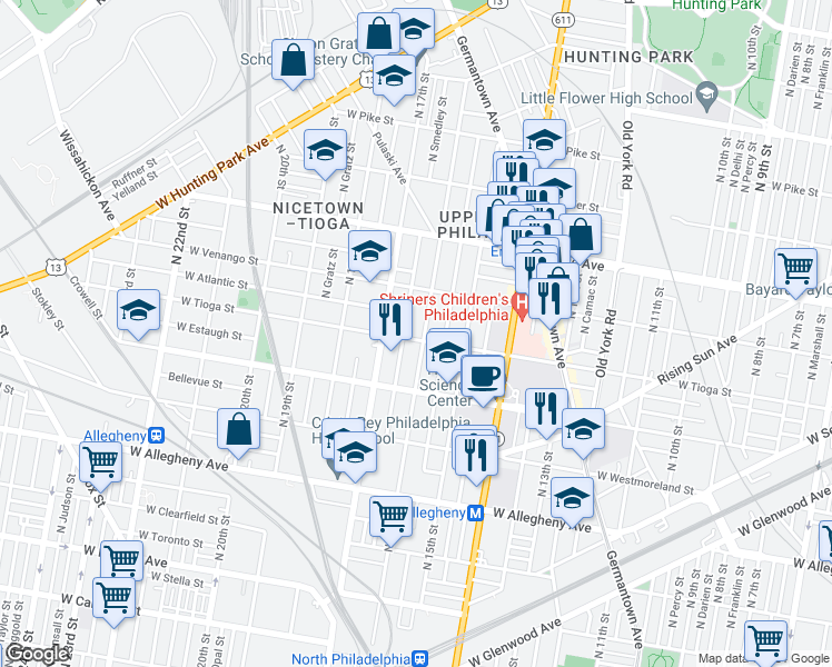 map of restaurants, bars, coffee shops, grocery stores, and more near 1605 West Tioga Street in Philadelphia