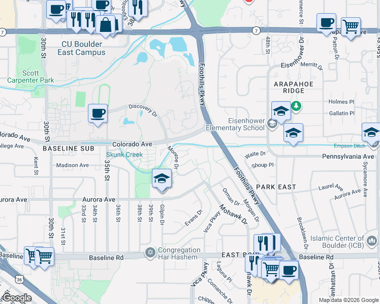 map of restaurants, bars, coffee shops, grocery stores, and more near 1130 Monroe Drive in Boulder