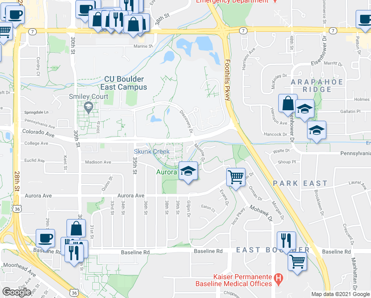 map of restaurants, bars, coffee shops, grocery stores, and more near 3950 Colorado Avenue in Boulder