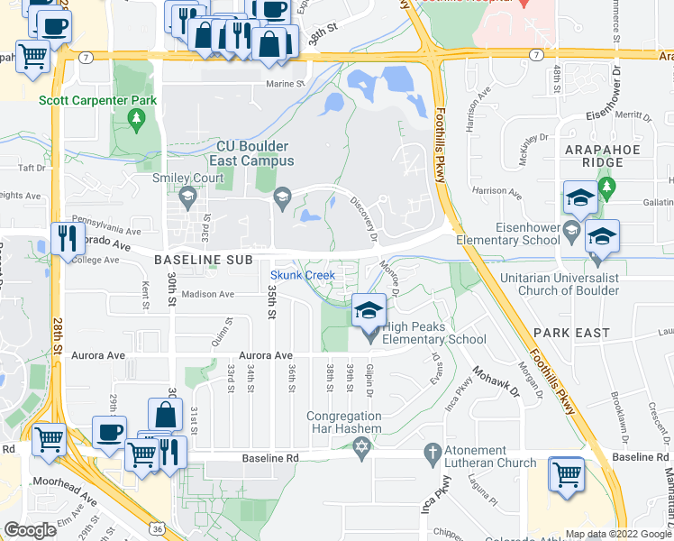 map of restaurants, bars, coffee shops, grocery stores, and more near 3790 Colorado Avenue in Boulder