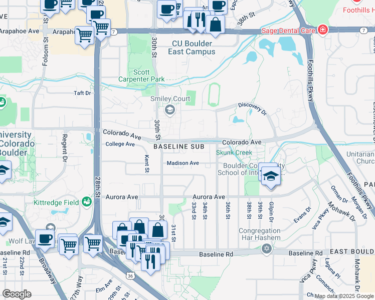 map of restaurants, bars, coffee shops, grocery stores, and more near 3293 Madison Avenue in Boulder