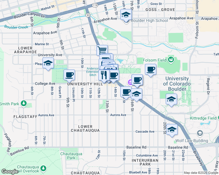 map of restaurants, bars, coffee shops, grocery stores, and more near in Boulder
