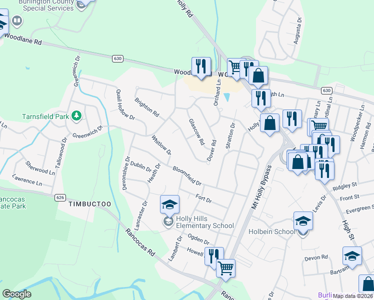 map of restaurants, bars, coffee shops, grocery stores, and more near 24 Dover Road in Mount Holly