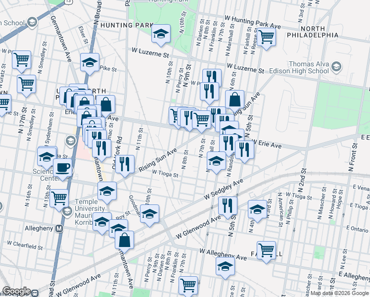 map of restaurants, bars, coffee shops, grocery stores, and more near 808 West Venango Street in Philadelphia