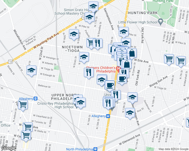 map of restaurants, bars, coffee shops, grocery stores, and more near 1614 West Tioga Street in Philadelphia