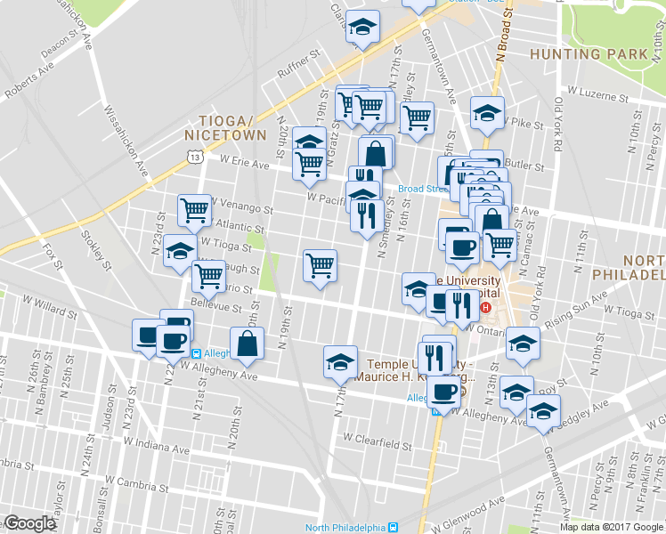map of restaurants, bars, coffee shops, grocery stores, and more near 1712 West Tioga Street in Philadelphia