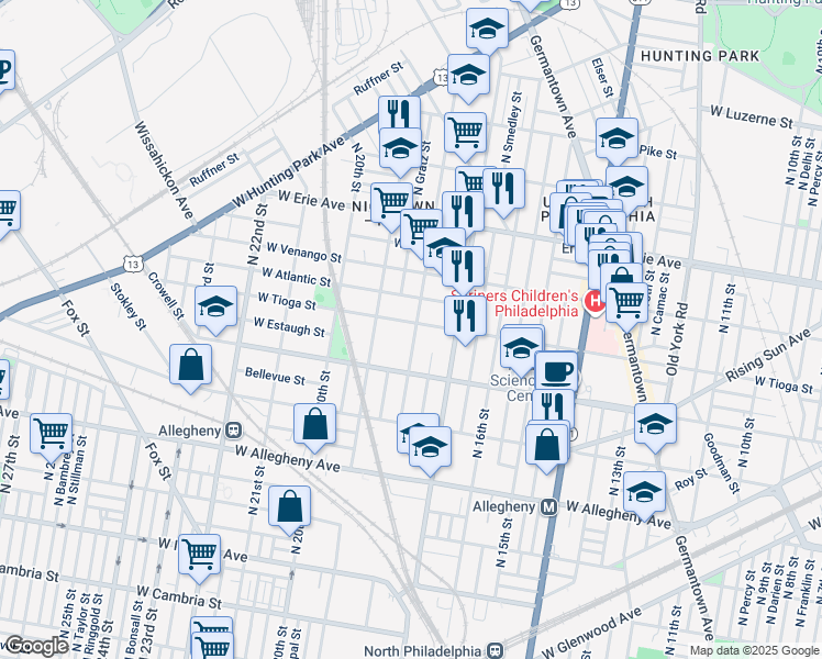 map of restaurants, bars, coffee shops, grocery stores, and more near 3434 North 18th Street in Philadelphia