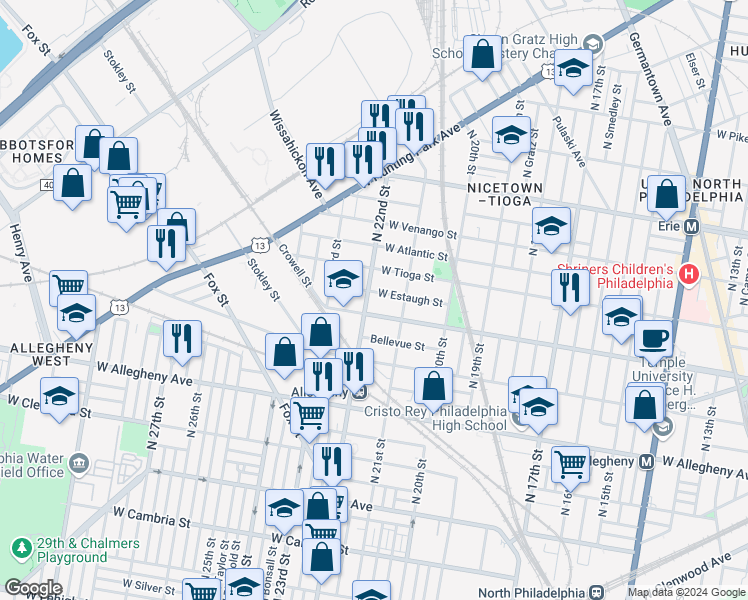 map of restaurants, bars, coffee shops, grocery stores, and more near 2141 West Ontario Street in Philadelphia