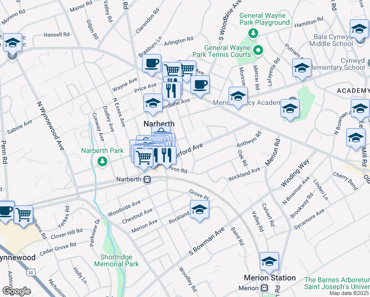map of restaurants, bars, coffee shops, grocery stores, and more near 304 Haverford Avenue in Narberth