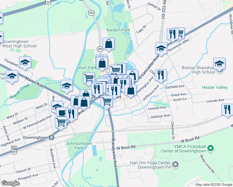 map of restaurants, bars, coffee shops, grocery stores, and more near 6 Wood Alley in Downingtown