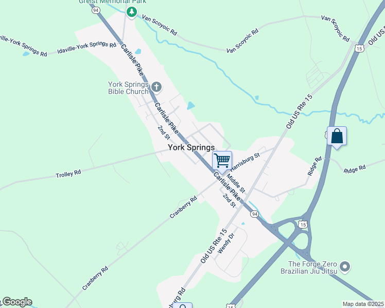 map of restaurants, bars, coffee shops, grocery stores, and more near 227 Main Street in York Springs
