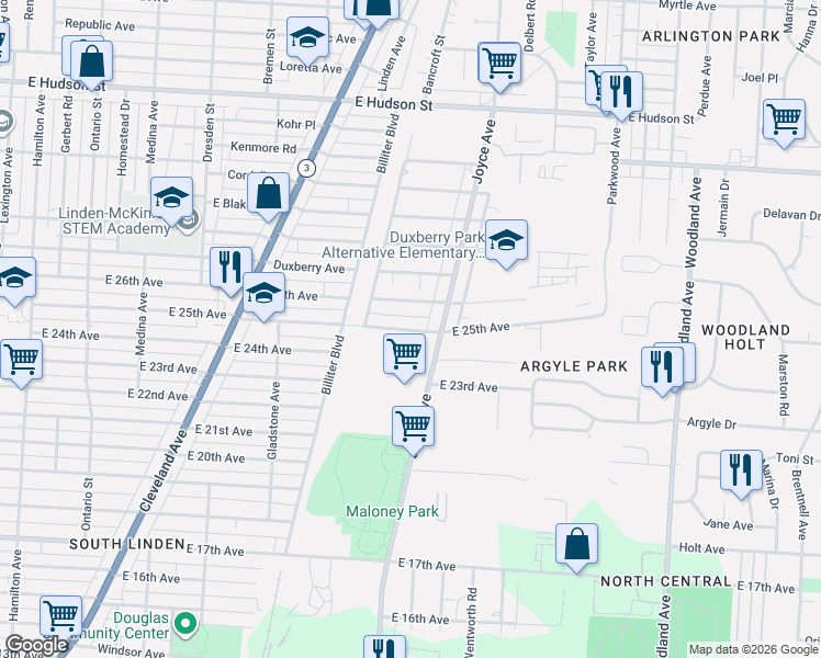 map of restaurants, bars, coffee shops, grocery stores, and more near 1630 East 25th Avenue in Columbus