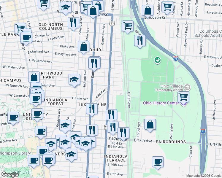 map of restaurants, bars, coffee shops, grocery stores, and more near 2110 U.S. 23 in Columbus