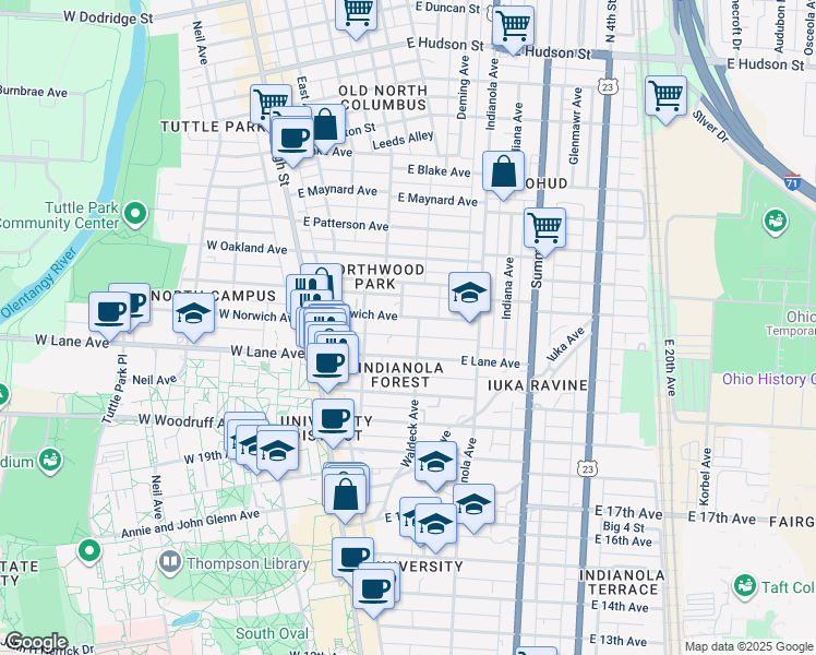 map of restaurants, bars, coffee shops, grocery stores, and more near in Columbus