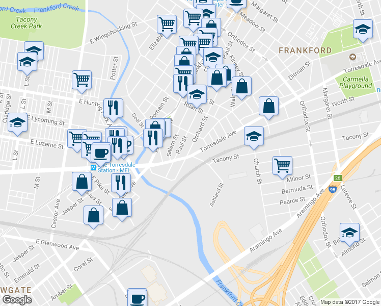 map of restaurants, bars, coffee shops, grocery stores, and more near 4111 Orchard Street in Philadelphia